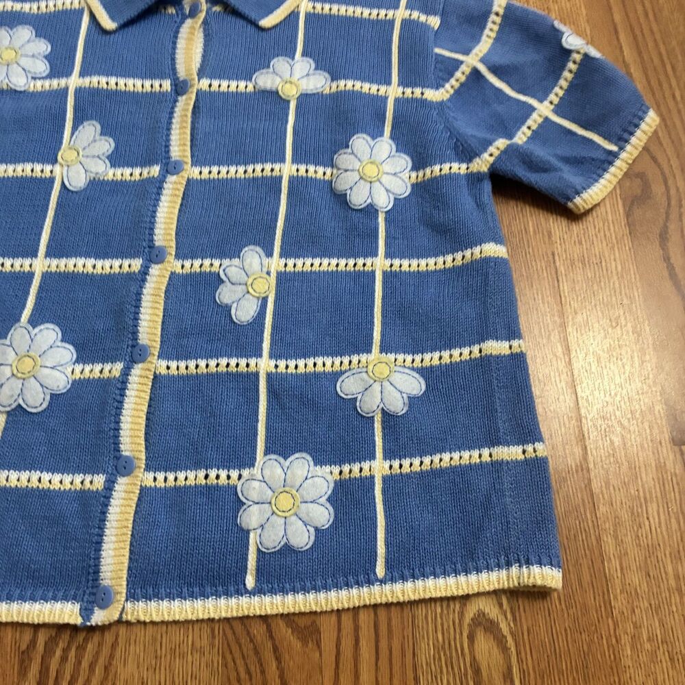 Vintage Blue Yellow Floral Daisy Knit Sweater Hand Embroidered M Button Down Top - Picture 2 of 7